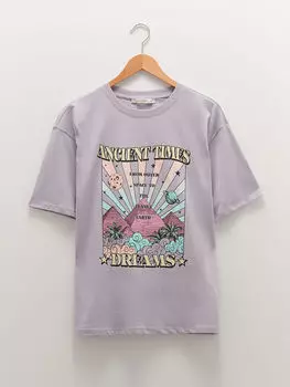 Женская хлопковая футболка с круглым вырезом и принтом с короткими рукавами LCW Casual