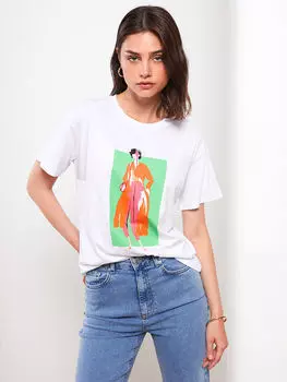 Женская хлопковая футболка с круглым вырезом и принтом с короткими рукавами LCW Vision