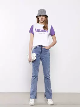 Женская хлопковая футболка с круглым вырезом и принтом с короткими рукавами LCW Casual