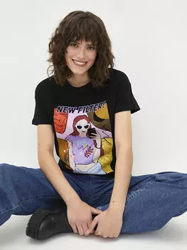 Женская хлопковая футболка с круглым вырезом и принтом с короткими рукавами LCW Casual