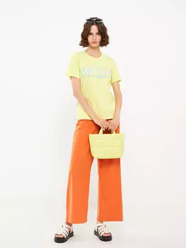 Женская хлопковая футболка с круглым вырезом и принтом с короткими рукавами LCW Casual