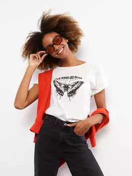 Женская хлопковая футболка с круглым вырезом и принтом с короткими рукавами LCW Casual