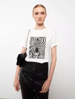 Женская хлопковая футболка с круглым вырезом и принтом с короткими рукавами LCWAIKIKI Classic