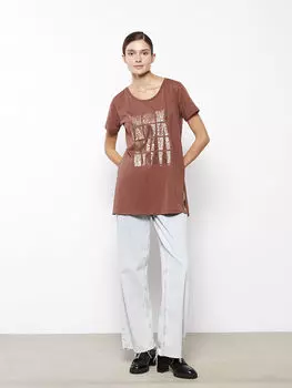 Женская хлопковая футболка с круглым вырезом и принтом с короткими рукавами LCWAIKIKI Classic