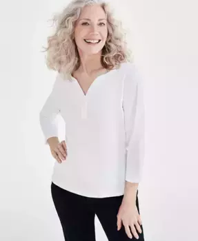 Женская хлопковая футболка с рукавом 3/4 и застежкой-поло Style & Co, белый