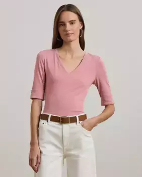 Женская хлопковая футболка с V-образным вырезом Lauren Ralph Lauren, розовый