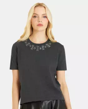 Женская хлопковая футболка с воротником из стразов Alma en Pena, темно-серый
