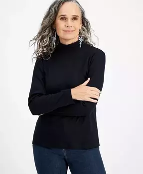 Женская хлопковая футболка с воротником-стойкой и длинными рукавами Style & Co, черный