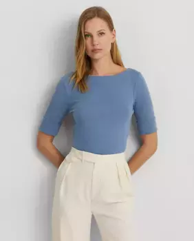 Женская хлопковая футболка с вырезом «лодочка» Lauren Ralph Lauren, синий