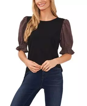 Женская хлопковая футболка в клетку с пышными рукавами CeCe, черный