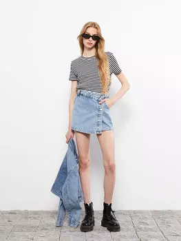 Женская хлопковая футболка в полоску с круглым вырезом и короткими рукавами LCW Casual