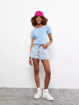 Женская хлопковая футболка в полоску с круглым вырезом и короткими рукавами LCW Casual