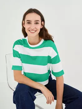 Женская хлопковая футболка в полоску с круглым вырезом и короткими рукавами LCW Casual