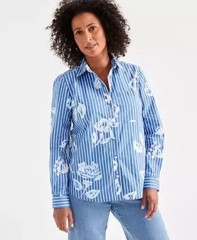 Женская хлопковая идеальная рубашка в цветочную полоску Style & Co, синий