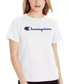 Женская хлопковая классическая футболка с круглым вырезом и логотипом Champion, белый