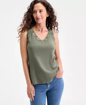 Женская хлопковая майка с кружевной отделкой Style & Co, зеленый