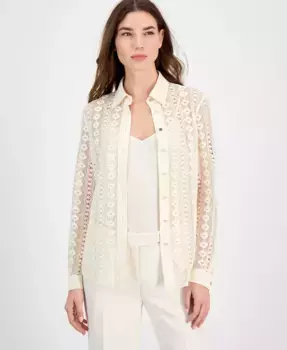 Женская хлопковая рубашка с длинным рукавом и кружевной вязкой Anne Klein, коричневый/бежевый