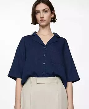 Женская хлопковая рубашка с короткими рукавами MANGO, синий