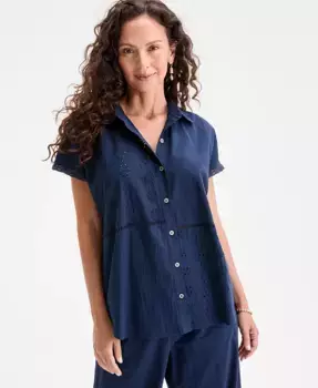 Женская хлопковая рубашка с кружевными вставками и застежкой на пуговицы Style & Co, синий