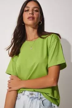 Женская хлопковая свободная трикотажная футболка фисташкового цвета с круглым вырезом Happiness stanbul, зеленый