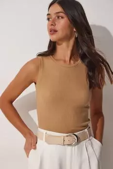 Женская хлопковая трикотажная блузка с круглым вырезом печенья Happiness stanbul, бежевый