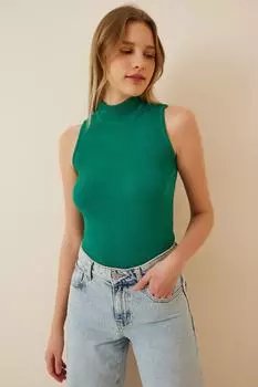 Женская хлопковая трикотажная блузка зеленого цвета с воротником Happiness stanbul, зеленый