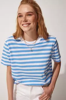 Женская хлопковая трикотажная футболка в сине-белую полоску Happiness stanbul, синий