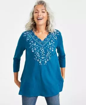 Женская хлопковая туника с рукавами 3/4 с вышивкой Style & Co, цвет Caspian Blue