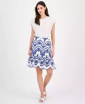 Женская хлопковая юбка с кружевными вставками и фигурным подолом Anne Klein, белый