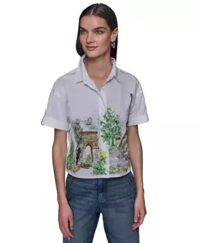 Женская хлопковая укороченная блуза с принтом "Париж" и застежкой на пуговицы KARL LAGERFELD PARIS, синий