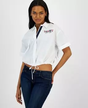 Женская хлопковая укороченная рубашка на шнурке Tommy Jeans, белый