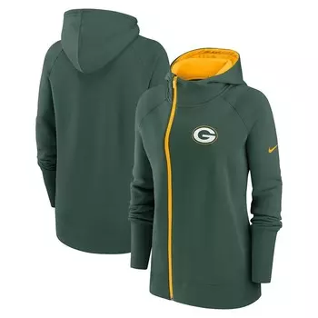 Женская худи с асимметричной молнией во всю длину реглан Nike Green Green Bay Packers, цвет Pkr Green