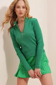 Женская изумрудно-зеленая блузка в рубчик на молнии спереди, полурыбак ALC-X5128 Trend Alaat Stili, зеленый