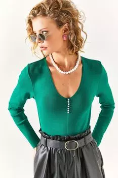 Женская изумрудно-зеленая трикотажная блузка с V-образным вырезом и камнями Olalook, зеленый