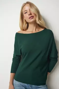 Женская изумрудно-зеленая трикотажная блузка с вырезом «лодочка» Happiness stanbul, зеленый