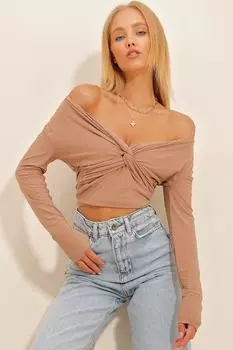 Женская карамельная блузка песочного цвета с глубоким V-образным вырезом и завязкой спереди ALC-X9774 Trend Alaat Stili, коричневый