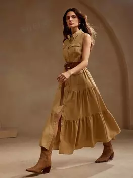 Женская классическая Длинная льняная юбка с овальным вырезом, присборенной талией, расклешенной юбкой без рукавов Anewsta, хаки