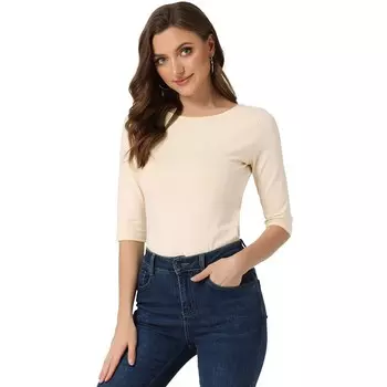 Женская классическая футболка узкого кроя с рукавами до локтя и вырезом лодочкой ALLEGRA K, бежевый