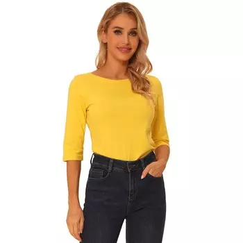 Женская классическая футболка узкого кроя с рукавами до локтя и вырезом лодочкой ALLEGRA K, желтый