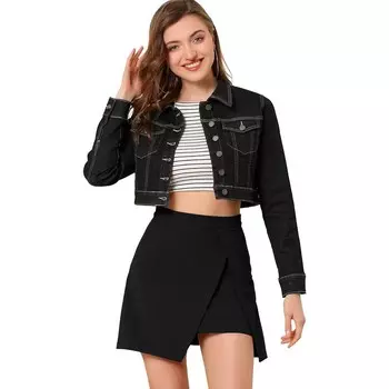 Женская классическая однобортная укороченная джинсовая куртка с длинными рукавами ALLEGRA K, черный