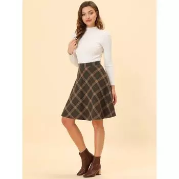 Женская клетчатая эластичная талия длиной до колена камвольная юбка трапециевидной формы ALLEGRA K, коричневый