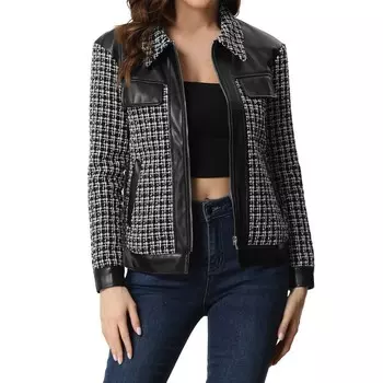 Женская клетчатая лоскутная твидовая куртка на молнии с длинными рукавами, повседневная винтажная верхняя одежда ALLEGRA K, цвет Black White
