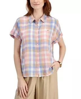Женская клетчатая рубашка с короткими рукавами «летучая мышь» Tommy Hilfiger, розовый