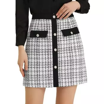 Женская клетчатая твидовая мини-юбка контрастного цвета с пуговицами и высокой талией ALLEGRA K, белый