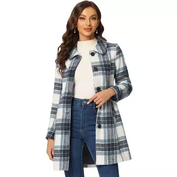 Женская клетчатая зимняя верхняя одежда с воротником из искусственного меха, длинное пальто ALLEGRA K, цвет Blue White