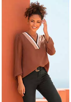 Женская контрастная блузка с V-образным вырезом LASCANA, коричневый