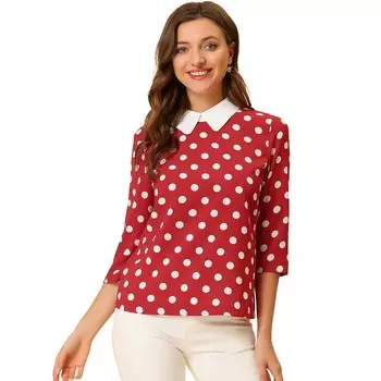 Женская контрастная блузка с воротником Питера Пэна и рукавами 3/4 Рубашки ALLEGRA K, цвет Red White