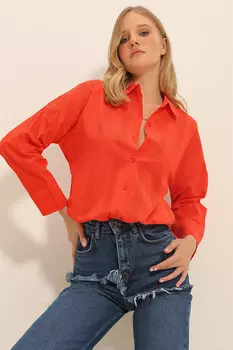 Женская коралловая рубашка оверсайз с фестонами ALC-X11297 Trend Alaat Stili, красный