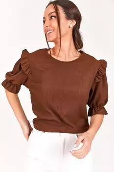 Женская коричневая эластичная блузка с рюшами на плечах и рукавами armonika, коричневый