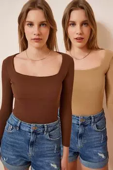 Женская коричневая бисквитная трикотажная блузка с квадратным вырезом (2 пары) Happiness stanbul, разноцветный